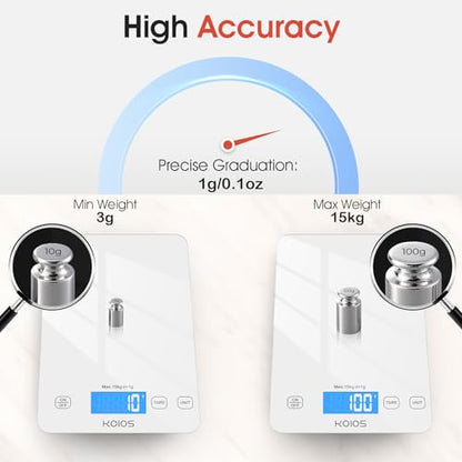 KOIOS Kitchen Scale, 33lb/15kg Digital Food Scales Weight in Grams and Ounces for Cooking Baking, 1g/0.1oz Precise Graduation, Batteries and Type-C Charging, Tare Function, LCD Display, White