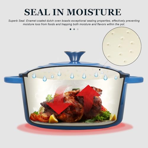 Overmont Enameled Cast Iron Dutch Oven - 7QT Pot with Lid Cookbook & Cotton Potholders - Heavy-Duty Cookware for Braising, Stews, Roasting, Sourdough Baking blue