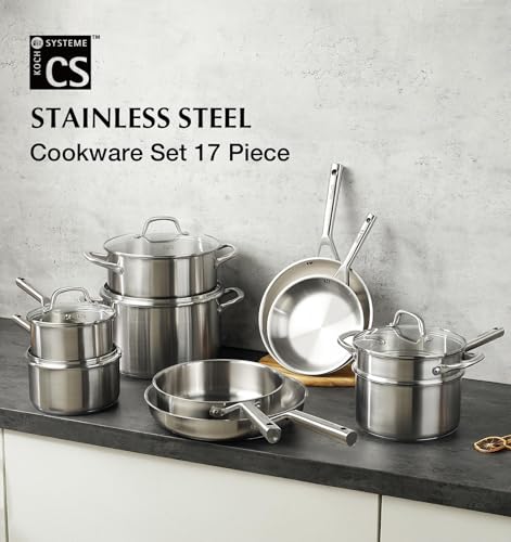 KOCH SYSTEME CS Stainless Steel Cookware Set 17 Piece, Professional 18/10 Stianless Steel Pots and Pans Set, 5-Layer Stainless Base, Oven Safe, Induction Ready, Non-Toxic Kitchen Cookware Set