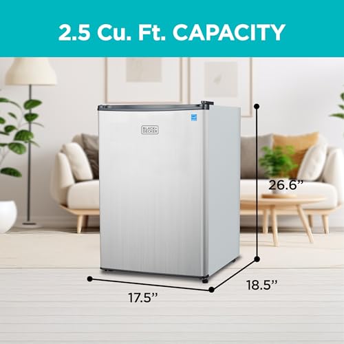 BLACK+DECKER 2.5 Cu. Ft. Compact Refrigerator, ENERGY STAR Certified, Single Door Mini Fridge with Chiller Compartment, Personal Fridge for Home or Dorm Room, R600a Refrigerant, BCRK25V,Stainless Look