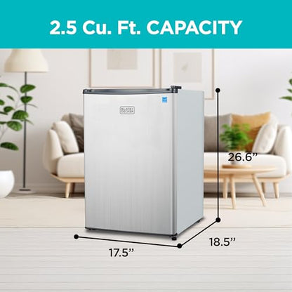 BLACK+DECKER 2.5 Cu. Ft. Compact Refrigerator, ENERGY STAR Certified, Single Door Mini Fridge with Chiller Compartment, Personal Fridge for Home or Dorm Room, R600a Refrigerant, BCRK25V,Stainless Look