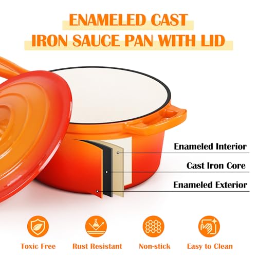E-far Enameled Cast Iron Sauce Pan with Lid, 1 Quart Dutch Oven Saucepan, Mini Sauce Pot for Cooking, Boiling, Healthy & Non Toxic, Induction & Oven Safe, Orange