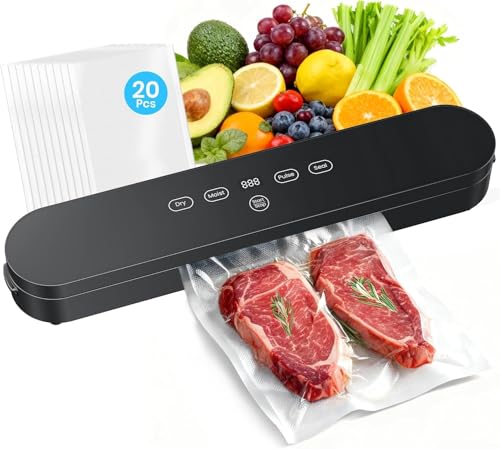 Vacuum Sealer Machine, 75kPa Suction Power, Compact Vacuum Sealer for Food, 4-in-1 Food Sealer, Digital Timer, Moist/Dry, Pulse, Seal Modes, with 20 Vacuum Bags, Black