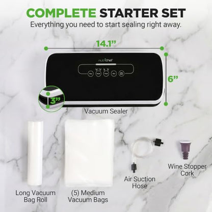 NutriChef Automatic Vacuum Air Sealing System for Food Preservation with Starter Kit, Compact Design, Lab Tested, Dry & Moist Food Modes with Led Indicator Lights, Black