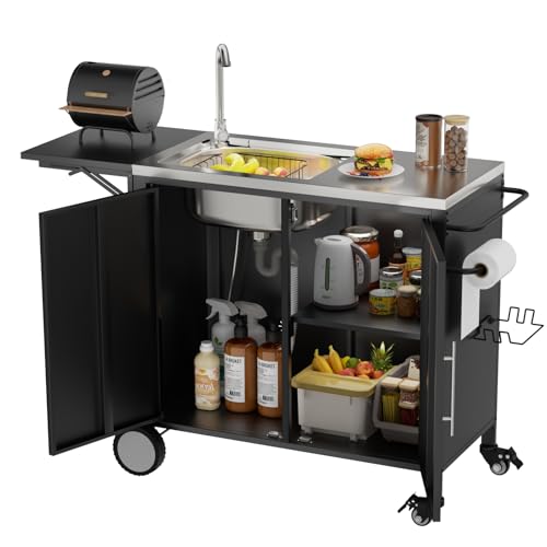 ahomrt Outdoor Grill Table with Sink, Metal Worktable Kitchen Cabinet Island w/ 304 Stainless Steel Sink, Foldable Top and Storage Cabinet, Rolling Grill Cart with Wheels for Garden, Backyard and Lawn