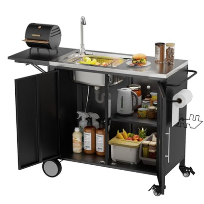 ahomrt Outdoor Grill Table with Sink, Metal Worktable Kitchen Cabinet Island w/ 304 Stainless Steel Sink, Foldable Top and Storage Cabinet, Rolling Grill Cart with Wheels for Garden, Backyard and Lawn