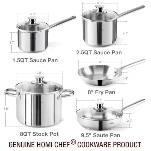 HOMICHEF 14-Piece Nickel Free Stainless Steel Cookware Set - Nickel Free Pots and Pans Set - Non-Toxic, Healthy Induction Cookware