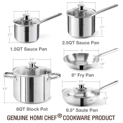 HOMICHEF 14-Piece Nickel Free Stainless Steel Cookware Set - Nickel Free Pots and Pans Set - Non-Toxic, Healthy Induction Cookware
