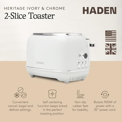 Haden Heritage 2-Slice Wide-Slot Toaster, Stainless-Steel Bread Toaster with Adjustable Browning Control, Non-Slip Feet & Crumb Tray, Ivory & Chrome