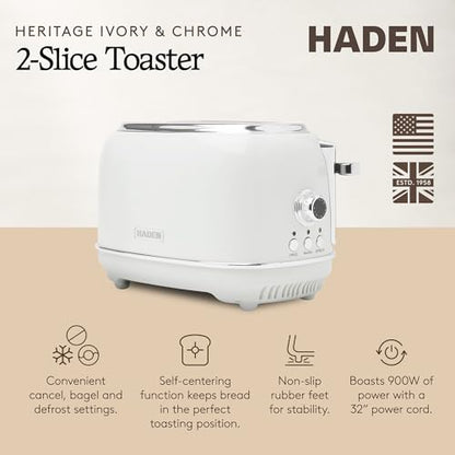 Haden Heritage 2-Slice Wide-Slot Toaster, Stainless-Steel Bread Toaster with Adjustable Browning Control, Non-Slip Feet & Crumb Tray, Ivory & Chrome