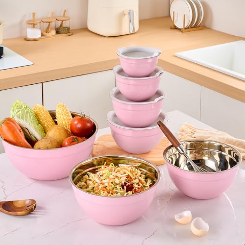 Moxinox Pink Mixing Bowls with Airtight Lids, Stainless Steel Nesting Mixing Bowls Set of 7, Ideal for Baking, Prepping and Serving Food, Size 7, 3.6, 2.7, 2.1, 1.5, 1.1,0.8 QT, Stackable Design