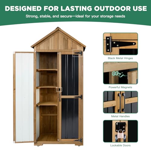Ketive Outdoor Storage Cabinet, Wood & Metal Storage Shed with Weather-Resistant Roof, Adjustable Shelf, Lockable Doors & Adjustable Feet, for Garden, Patio, Backyard, 27.5" x 13" x 67"