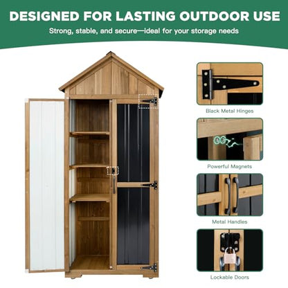 Ketive Outdoor Storage Cabinet, Wood & Metal Storage Shed with Weather-Resistant Roof, Adjustable Shelf, Lockable Doors & Adjustable Feet, for Garden, Patio, Backyard, 27.5" x 13" x 67"