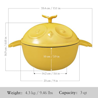 Flavehc Owl Shaped Cast Iron Dutch Oven with Lid 3 qt Enameled Dutch Oven for Bread Baking,Yellow