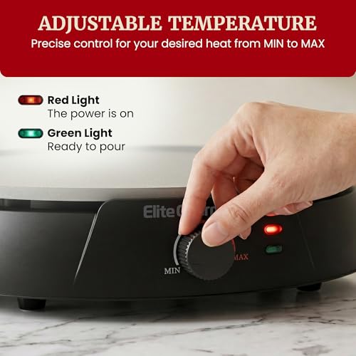 Elite Gourmet 12" Ceralast™ PFAS-Free Ceramic Nonstick Crepe Maker & Griddle, Adjustable Temperature Control, Dual Indicator Lights, Batter Spreader Included, For Crepes, Pancakes & Quesadillas, Black