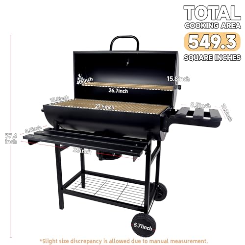 Charcoal Grill with Lid, 27" Outdoor BBQ Grill with Thermometer, Side Shelves, Wheels & Ash Catcher, Large Barrel Charcoal Smoker for Backyard, Camping & Outdoor Cooking