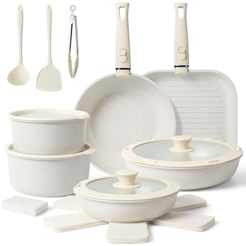 Tibbicc Pots and Pans Set Non Stick 20PCS, Ceramic Cookware Set Detachable Handle Non Toxic Stackable Kithchen Set, Dishwasher Oven Safe Induction Compatiable Frying Pans Pots Skillets, White