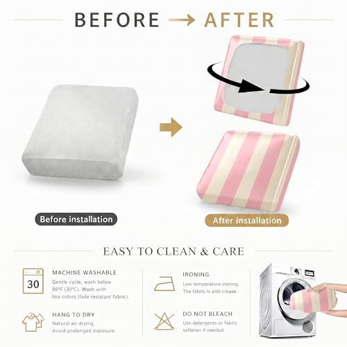 CALBODE 8 Pcs Stretch Striped Seat Cushion Covers, Pink&Beige, Cover Only