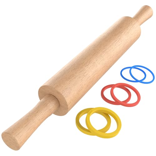 Mepple Classic Wooden Rolling Pin with Handle for Fondant, Pizza, Pies, Cookies, Pastries, Rolling Pin for Baking with 3 Multi-Color Thickness Rings, 17"x2.5" (Include handle) Beechwood Rolling Pin