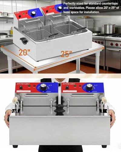 HTTSICHI Commercial Deep Fryer - 22 L Electric Deep Fryer with 10 L Basket(3Pcs), 3400W High Power Commercial Deep Fryer with Basket, Stainless Steel Commercial Fryer w/Adjustable Temperature and Lid