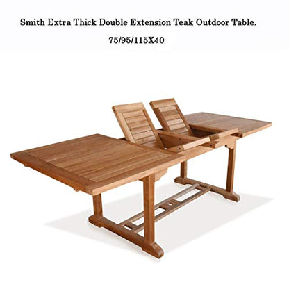 Bayview Patio New 11pc Indonesian Grade-A Teak Outdoor Dining Set- Extra Thick Rectangle Double Extension Table 118x40 + 10 Java Teak Stacking Dining Chairs. Fine Sanded Natural Finish