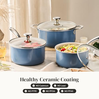 Redchef Ceramic Stock Pots Set 5QT, Sauce Pan with Lids(2.5QT/3.5QT), Induction Cooking Pot Set,Ceramic Pots with Stay Cool Handle, Nonstick Cookware Set, PTFE/PFASFree, Dishwasher/Oven Safe (Blue)