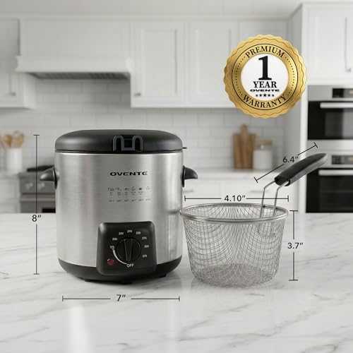 OVENTE Electric Deep Fryer 0.9L Capacity with Locking Lid, Adjustable Temperature Knob, Removable Frying Basket and Cool Touch Handle, 840W Power, Easy to Clean Stainless Steel Body, Silver FDM1091BR