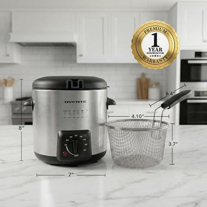 OVENTE Electric Deep Fryer 0.9L Capacity with Locking Lid, Adjustable Temperature Knob, Removable Frying Basket and Cool Touch Handle, 840W Power, Easy to Clean Stainless Steel Body, Silver FDM1091BR