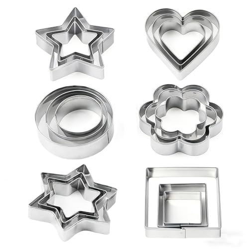 18 Pieces Metal Cookie Cutters, Stainless Steel Molds Flower Square Heart Round Star Shapes for Home Holiday Mother's Day