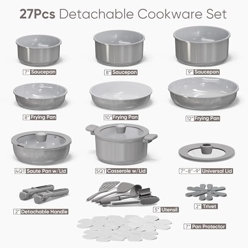 CAROTE 27pcs Ceramic Cookware Set Nonstick, Pots and Pans Set Non Stick, Non Toxic Cookware Detachable Handles, Dishwasher/Oven Safe, RV/Camping Cookware with Kitchen Utensils, Gray
