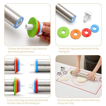 Rolling Pin with Thickness Rings, Fulimax 17" Adjustable Stainless Steel Rolling Pins for Baking, Dough Roller for Fondant Pizza, Pie, Pasta, Cookies, Cakes, Kitchen Baking Supplies