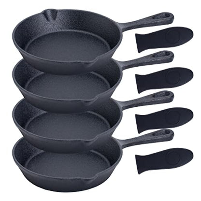 Bruntmor Cast Iron Frying Pan Set of 4-6x4 Inch Black Pre-Seasoned Skillets with Heat-Resistant Silicone - Mini Cast Iron Skillet Set for Stovetop, Oven, and Grill