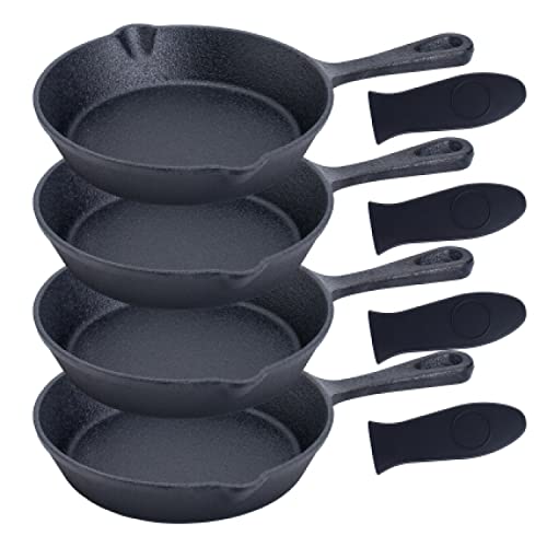 Bruntmor Cast Iron Frying Pan Set of 4-6x4 Inch Black Pre-Seasoned Skillets with Heat-Resistant Silicone - Mini Cast Iron Skillet Set for Stovetop, Oven, and Grill