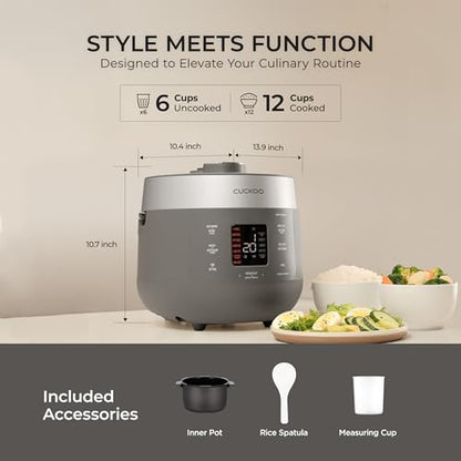 CUCKOO Twin Pressure Rice Cooker 6-Cup Uncooked / 12-Cup Cooked with Nonstick Inner Pot, Versatile Rice Maker & Warmer with 16 Menu Options, Open Cooking Mode, Voice Guide, Gray (CRP-ST0609FG)