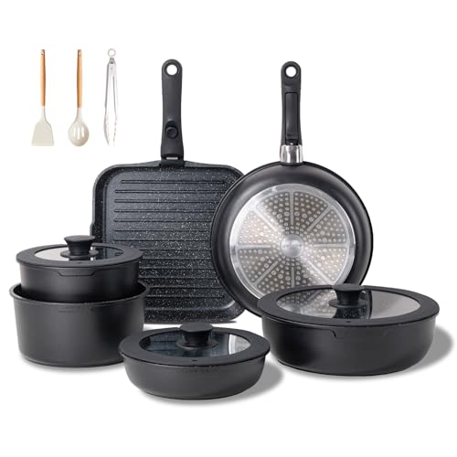 JEETEE Cookware Set (6 Essential Pots & 19 Accessories), Nonstick Pots and Pans with Detachable Handle for Induction Cooking, RV Kitchen Space Saving, PFAS Free, Black