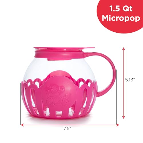 Ecolution Patented Micro-Pop Microwave Popcorn Popper with Temperature Safe Glass, 3-in-1 Lid Measures Kernels and Melts Butter, Made Without BPA, Dishwasher Safe, 1.5-Quart, Pink