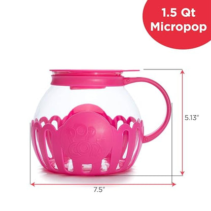 Ecolution Patented Micro-Pop Microwave Popcorn Popper with Temperature Safe Glass, 3-in-1 Lid Measures Kernels and Melts Butter, Made Without BPA, Dishwasher Safe, 1.5-Quart, Pink