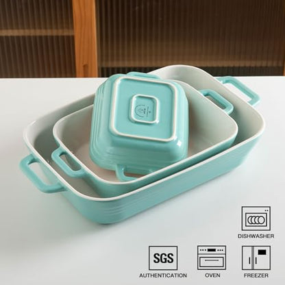 Sweejar Relief Casserole Dishes for Oven, Ceramic 9x13 Baking Pans Set for Cooking, Cake, Banquet and Daily Use, Rectangular Bakeware Set, Porcelain Baking Dish, Lasagna Pan Deep with Handles(Turquoise)