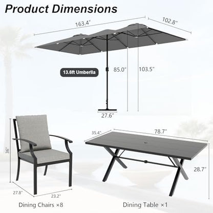 Trumbeak 10 Pieces Patio Dining Set,Metal Outdoor Furniture Set Includes 13.6FT Grey Umbrella,Hole Cut-Out 78.7" x 35.4" Table and 8 Metal Backrest Chairs for Backyard,Garden,Grey