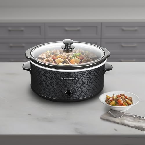 West Bend Slow Cooker 6-Quart Manual Crockery Style with Dishwasher Safe Oval Ceramic Crockpot and Glass Lid Two Temperature Settings Plus Keep Warm, 330-Watts, Black