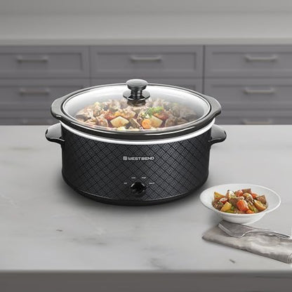 West Bend Slow Cooker 6-Quart Manual Crockery Style with Dishwasher Safe Oval Ceramic Crockpot and Glass Lid Two Temperature Settings Plus Keep Warm, 330-Watts, Black