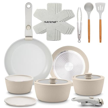 NutriChef 18-Piece Ceramic Cookware Set with Detachable Handles, Space-Saving Nonstick Pots, Pans & Lids, Oven-Safe Bowls, Stackable Storage, Includes Cooking Utensils & Accessories (Cream)