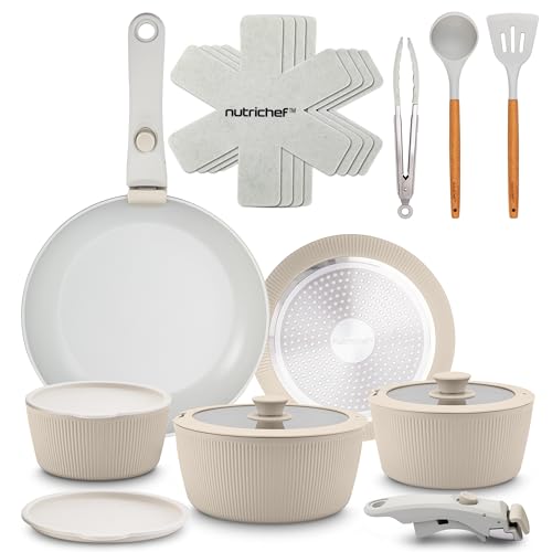 NutriChef 18-Piece Ceramic Cookware Set with Detachable Handles, Space-Saving Nonstick Pots, Pans & Lids, Oven-Safe Bowls, Stackable Storage, Includes Cooking Utensils & Accessories (Cream)