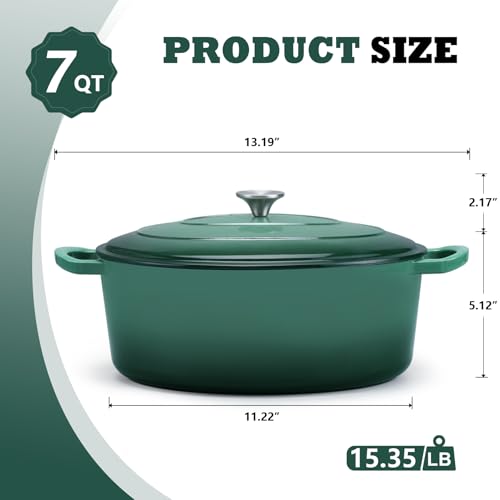 P&P CHEF Oval Dutch Oven with Lid, Enameled Cast Dutch Oven Pot for Bread Baking, Braising, Stewing, Roasting, Non-Stick & Oven Safe, Dual Handles & Easy Clean, 7QT & Dark Green, Valentine's Day