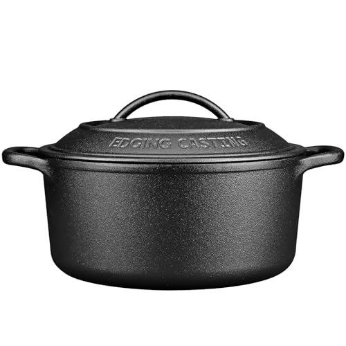 EDGING CASTING Pre-Seasoned Cast Iron Dutch Oven Pot with Lid Dual Handle, Sourdough Bread Baking Pots, Bread Oven, Camping, Grill, Induction, Electric, Round 7 Quart, Black