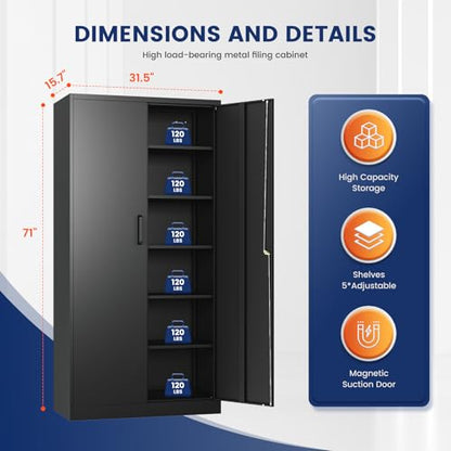 Yizosh Metal Garage Storage Cabinet with 2 Doors and 5 Adjustable Shelves - 71" Steel Lockable File Cabinet,Locking Tool Cabinets for Office,Home,Garage,Gym,School (Black)
