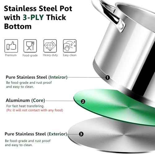 P&P CHEF 8 Quarts Cooking Stock Pot with Lid, Stainless Steel Stockpot Induction Pot for Soup, Tri-Ply Bottom & Clear Glass Lid & Double Handle, Dishwasher Safe