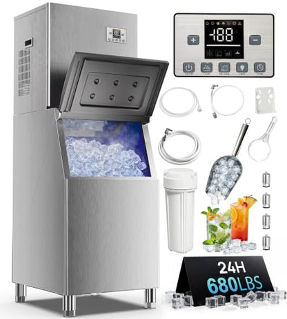 Uthfy Commercial Ice Maker Machine 680Lbs/24H with 560Lbs Storage, Self-Cleaning Mode, Split Commercial Ice Maker, Ice Ready in 7-15 min, Stainless Steel Ice Maker for Bars/Cafes/Restaurants