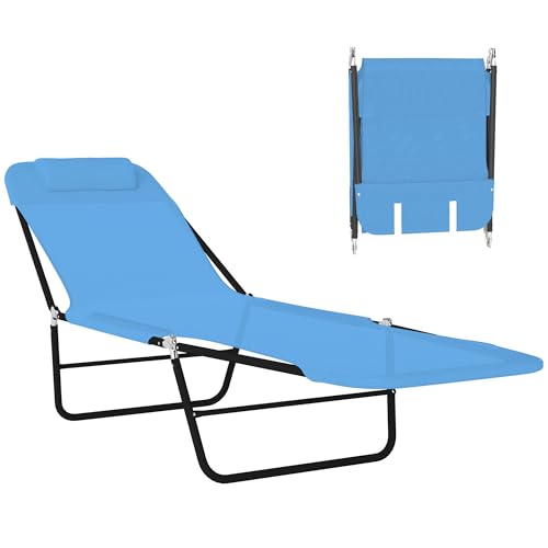 Outsunny Folding Chaise Lounge Chair, Pool Sun Tanning Chair, Outdoor Lounge Chair with Reclining Back, Breathable Mesh Seat, Headrest for Beach, Yard, Patio, Blue