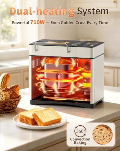 KBS 2.2LB Smart Bread Maker, 20-in-1 Automatic Bread Machine with Color Touchscreen, Dual Heaters, True Ceramic Pan, Auto Nut Dispenser, 2 Custom Programs, Sourdough&Gluten Free, White Stainless Steel